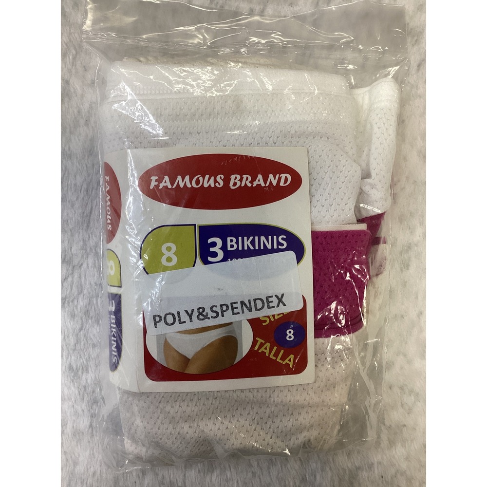 Famous Brand‎ Womens 3 Pack Bikini Underwear White Pink Size 8 Poly Spandex Mesh